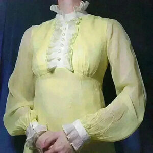 Vintage Regency yellow maxi dress with  an empire waist, puffy sleeves + ruffles